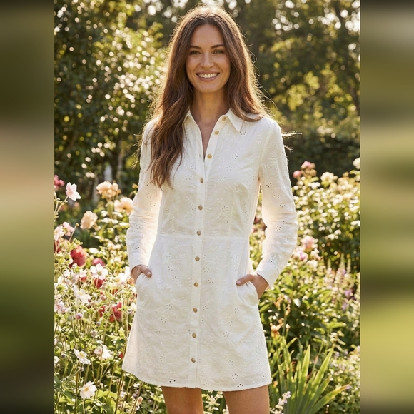 Zara Dresses & Skirts - Zara Womens White Long Sleeve Button Up Eyelet Mini Dress - Size S